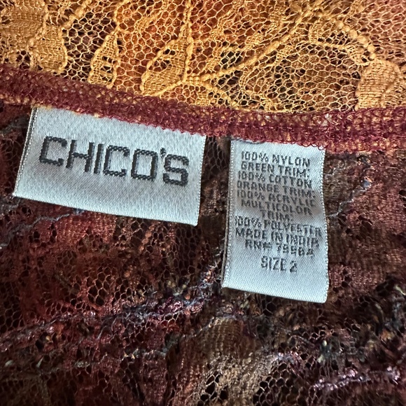 Chicos Burnt Orange Red Mesh Artsy Lace Long Sleeve Button Up Sheer Blouse - Picture 6 of 6